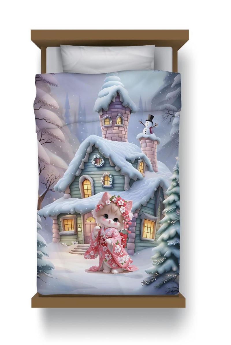 PRISCILLA 7D Printed Microfiber Kids Comforter Single Bed | Cotton Feel Lightweight Ultra Soft AC Blanket with Carry Bag | 150 GSM Baby Quilt/Duvet for All Season, 60x90 Inch (Kitty) - Image 1