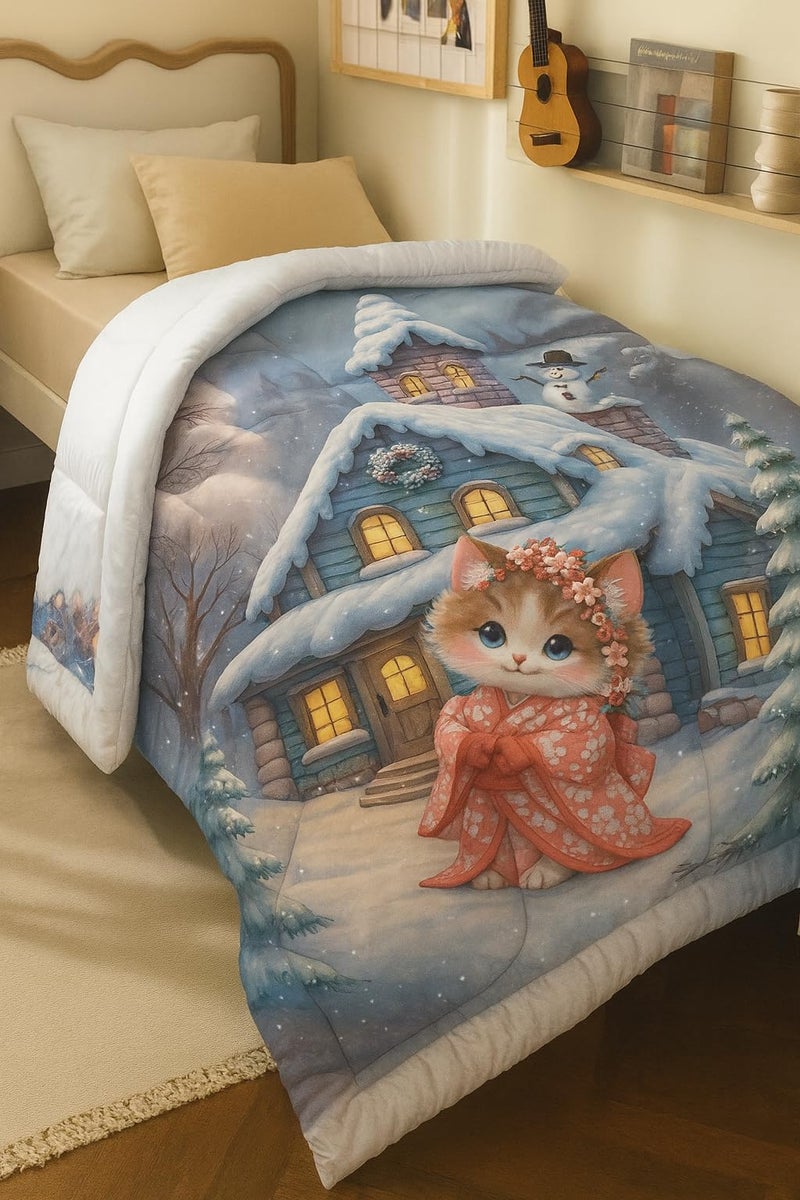 PRISCILLA 7D Printed Microfiber Kids Comforter Single Bed | Cotton Feel Lightweight Ultra Soft AC Blanket with Carry Bag | 150 GSM Baby Quilt/Duvet for All Season, 60x90 Inch (Kitty) - Image 3