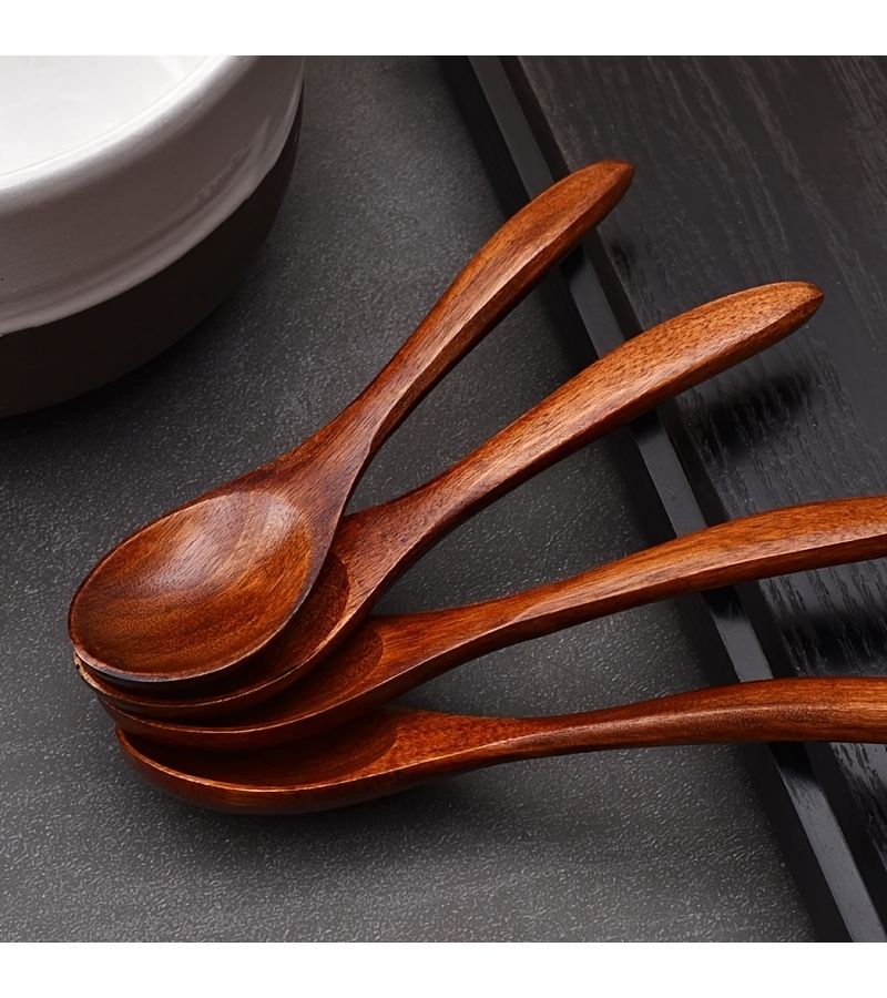 4 ملاعق خشبية صغيرة للحساء، ملاعق قياس، إبداعية للحلوى والزبادي والحليب، خشب صلب مناسب لتحريك الحساء والقهوة، مقاس 5.51 × 1.18 بوصة. - Image 3