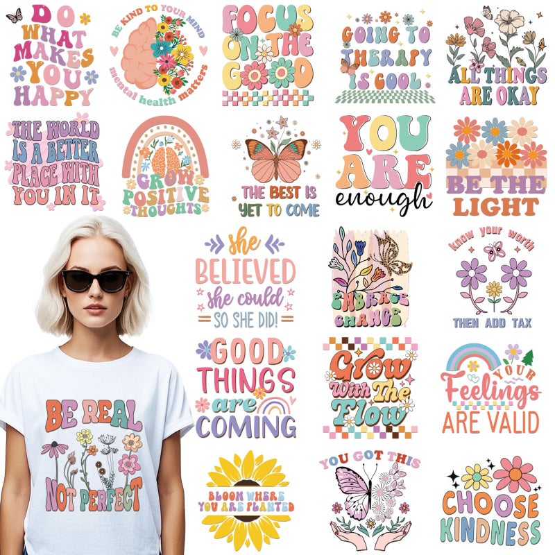 Dazoratix Mental Health Iron on Transfers - 20 Sheets Boho DTF Ready to Press Inspirational Heat Stickers Patches Vinyl Applique Decals for T Shirts Clothing DIY Craft Decorations Teen Therapist Gifts - Image 1