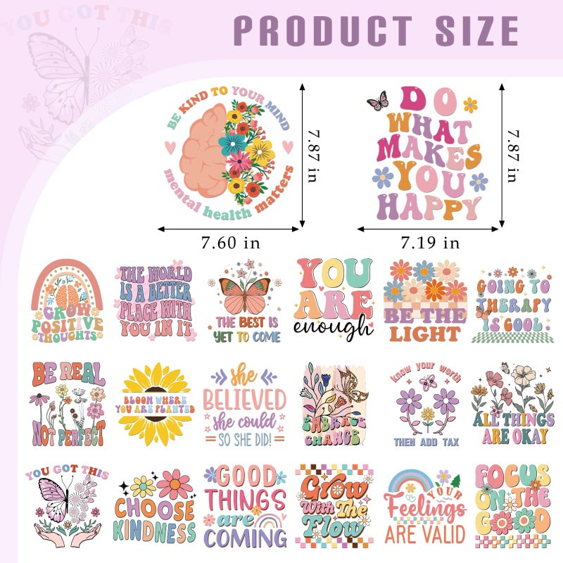 Dazoratix Mental Health Iron on Transfers - 20 Sheets Boho DTF Ready to Press Inspirational Heat Stickers Patches Vinyl Applique Decals for T Shirts Clothing DIY Craft Decorations Teen Therapist Gifts - Image 5