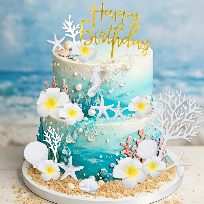 Morofme 21Pcs Seashells Cake Decorations Under the Sea Cake Topper Starfish Cupcake Decor Ocean Cupcake Topper Hawaii Flower Plumeria Cake Toppers for Summer Beach Theme Baby Shower Birthday Party - Image 3