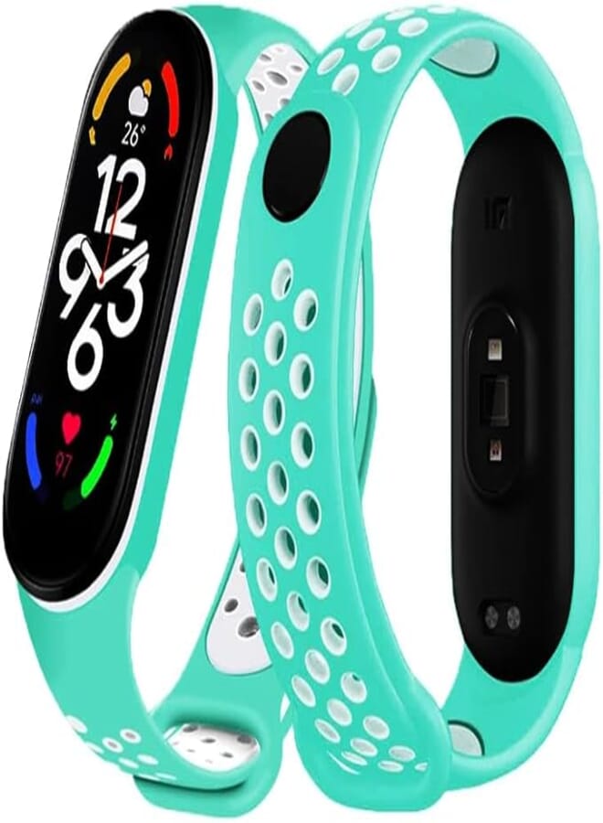 Next Next store Silicone Sport Strap Compatible with Mi Band 5 / Mi Band 6 Breathable Replacement Strap Compatible with Xiaomi Mi Band 5 6 Smart Watch, One Size (Turquoise/White)