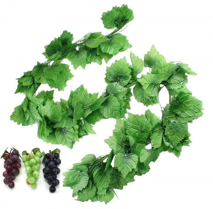 12 STRANDS 90 FT ARTIFICIAL FAKE GRAPE VINES WITH 3 STRINGS GRAPES HANGING PLANT LARGE LEAVES GARLAND FOR WEDDING PARTY STORE HOME INDOOR OUTDOOR GARDEN SPRING DECOR