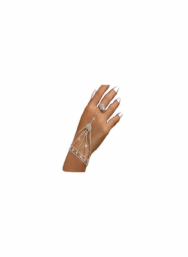 Sither Silver Bracelets with Ring for Women Crystal Chain Ring Bracelet Hand Harness Chain Bracelet Jewelry for Halloween Prom Party Christmas - Image 1