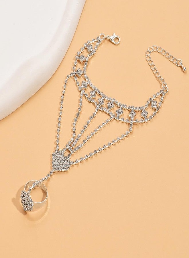 Sither Silver Bracelets with Ring for Women Crystal Chain Ring Bracelet Hand Harness Chain Bracelet Jewelry for Halloween Prom Party Christmas - Image 5