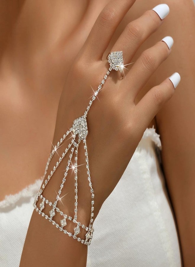 Sither Silver Bracelets with Ring for Women Crystal Chain Ring Bracelet Hand Harness Chain Bracelet Jewelry for Halloween Prom Party Christmas - Image 3