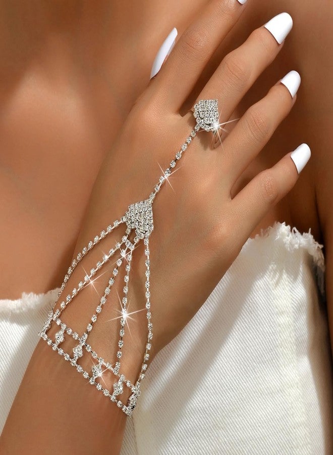 Sither Silver Bracelets with Ring for Women Crystal Chain Ring Bracelet Hand Harness Chain Bracelet Jewelry for Halloween Prom Party Christmas - Image 2