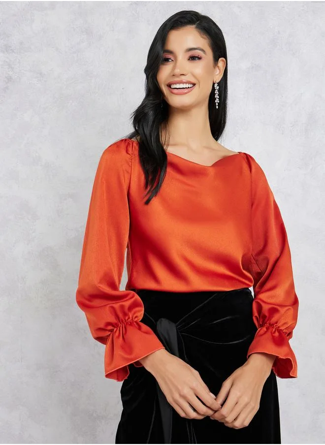 ستايلي Satin Wide Neck Long Sleeve Blouse