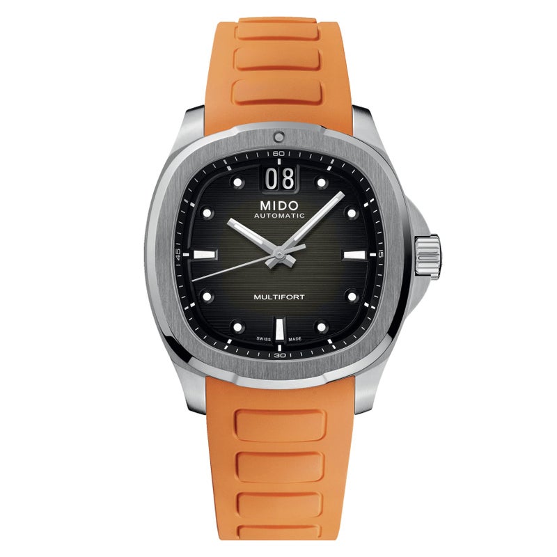 MIDO Multifort TV Big Date - Swiss Automatic Watch for Men - 40mm Case - Grey Dial - Orange Rubber Strap M0495261708100 - Image 5