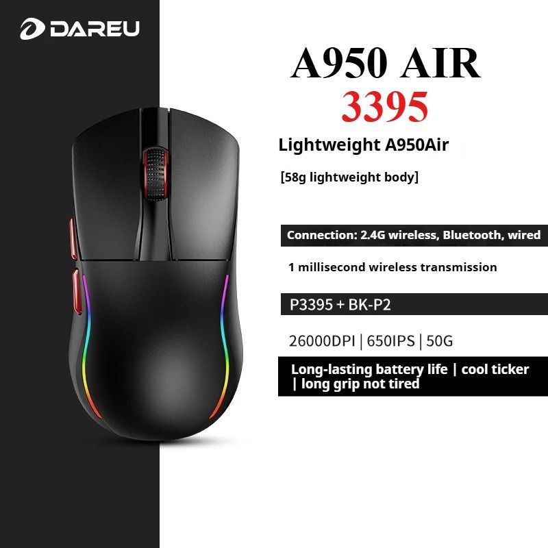 Dareu A950 Air Wireless Bluetooth Gaming Mouse Dual-Mode 30000 DPI 8K Lightweight, Black - Image 1