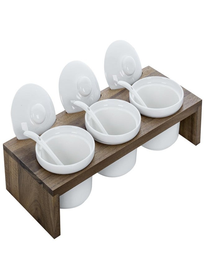 MyGift 10 Piece Condiment Pot Serving Set Includes Premium Acacia Solid Wood Raised Display Server Tray and 3 Ceramic Ramekin Dip Bowls with Lids and Spoons - Image 4