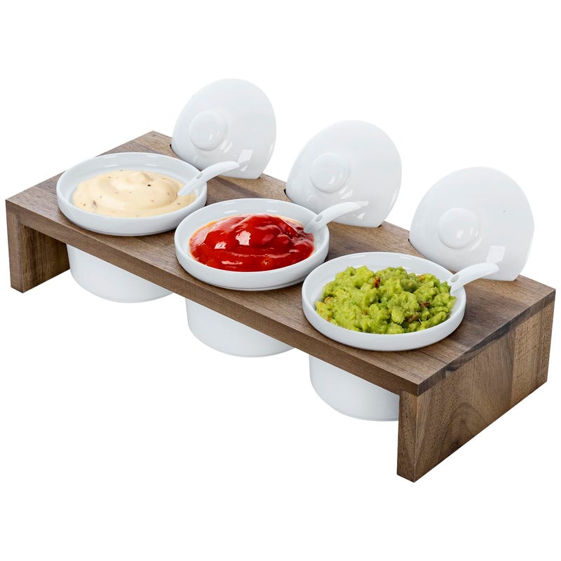 MyGift 10 Piece Condiment Pot Serving Set Includes Premium Acacia Solid Wood Raised Display Server Tray and 3 Ceramic Ramekin Dip Bowls with Lids and Spoons - Image 1