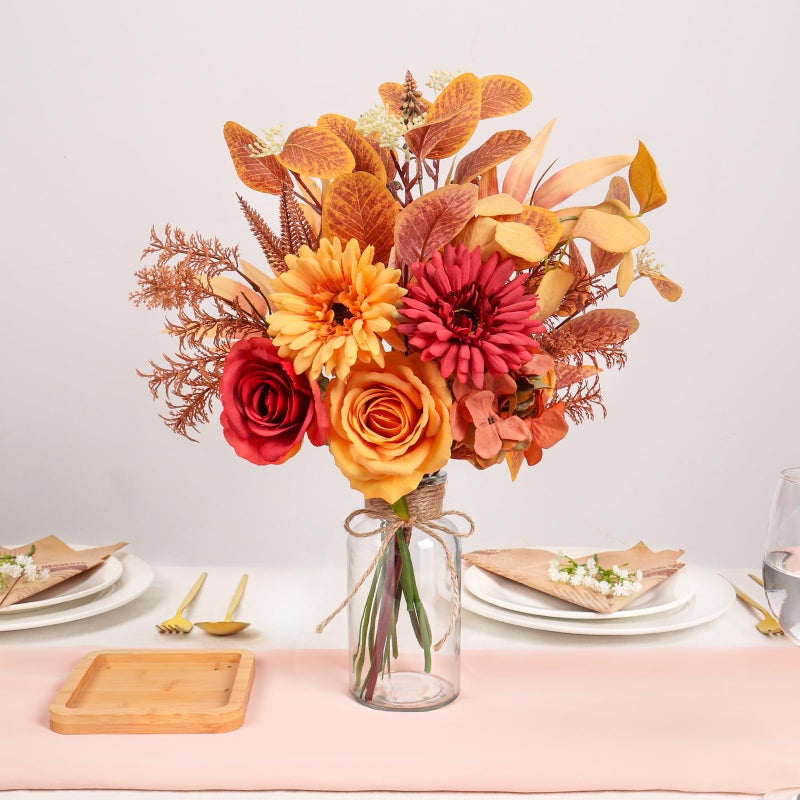 Pusuny Artificial Fall Flowers for Decoration, Fall Fake Flowers in Vase Faux Silk Flower Arrangements Room Office Wedding Home Decor Indoor Tables Centerpieces Autumn Flowers Decor (Fall Flowers) - Image 3