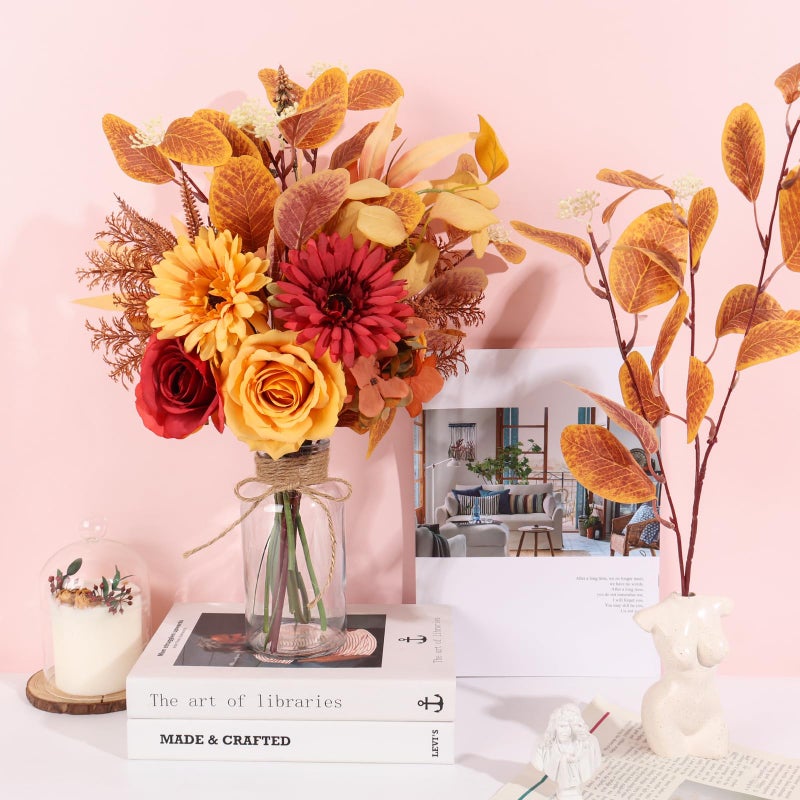 Pusuny Artificial Fall Flowers for Decoration, Fall Fake Flowers in Vase Faux Silk Flower Arrangements Room Office Wedding Home Decor Indoor Tables Centerpieces Autumn Flowers Decor (Fall Flowers) - Image 4