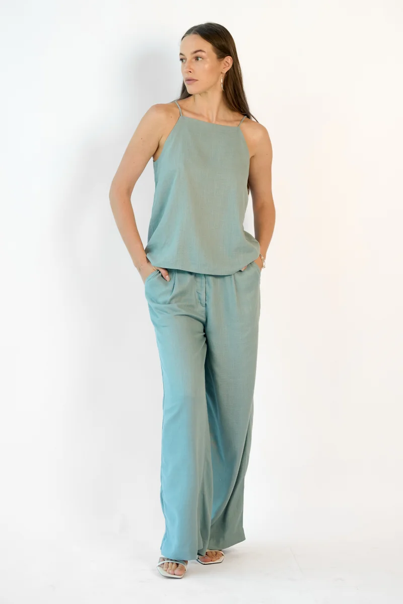 فيرجيو Solid Linen Minimalist Strappy Top for Women