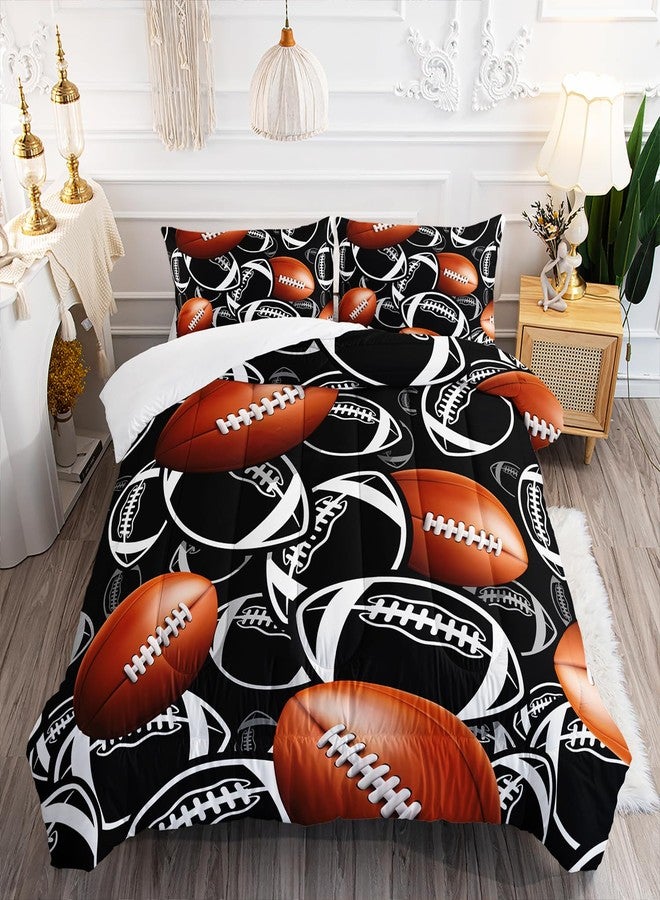 XYNHML Cartoon Rugby Comforter 3Pcs Sports Brown Rugby Theme Bedding Twin American Football Comforter Set for Kid Teen Girl Boy Black White Rugby Quilt Bed Decor with 1 Comforter and 2 Pillowcases - Image 1