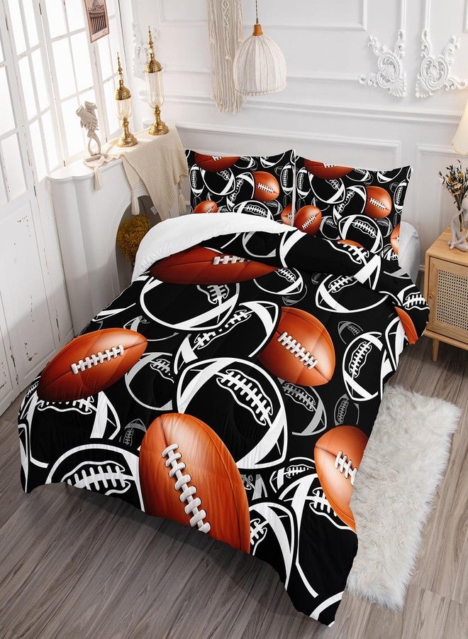 XYNHML Cartoon Rugby Comforter 3Pcs Sports Brown Rugby Theme Bedding Twin American Football Comforter Set for Kid Teen Girl Boy Black White Rugby Quilt Bed Decor with 1 Comforter and 2 Pillowcases - Image 2