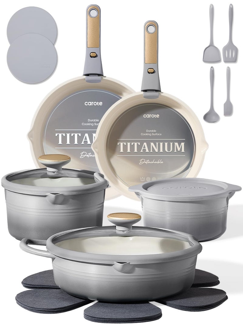 CAROTE 20Pcs Titanium Cookware Set Pots and Pans Set Non Stick Kitchen Cooking Set with Detachable Handle Non Toxic Induction Cookware DishwasherOven Safe - Image 2