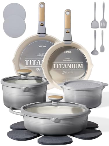 CAROTE 20Pcs Titanium Cookware Set Pots and Pans Set Non Stick Kitchen Cooking Set with Detachable Handle Non Toxic Induction Cookware DishwasherOven Safe - Image 1