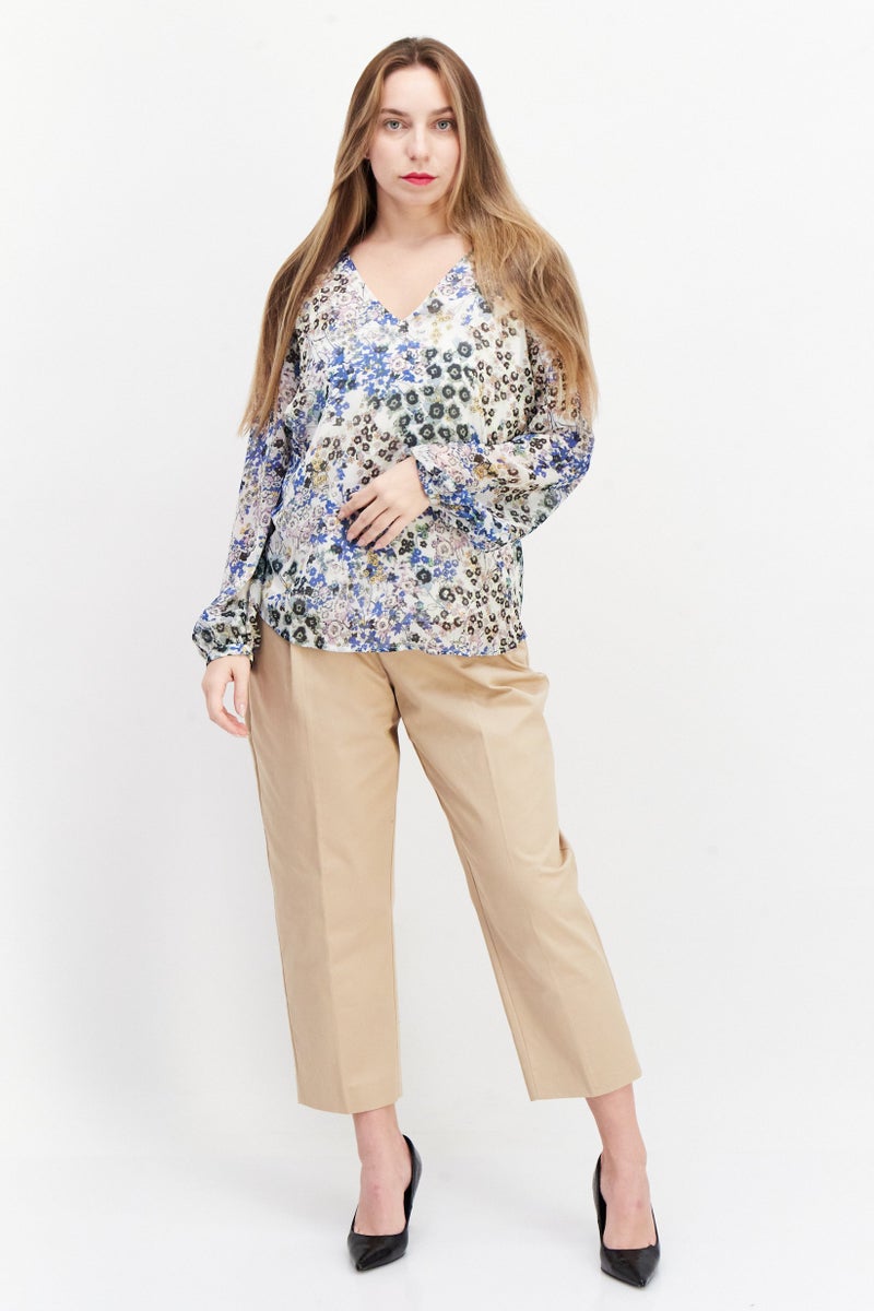 ESPRIT Women V Neck Allover Print Long Sleeve Blouse, White Combo - Image 3