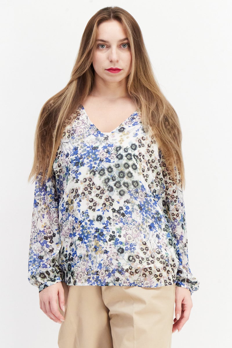 ESPRIT Women V Neck Allover Print Long Sleeve Blouse, White Combo - Image 1