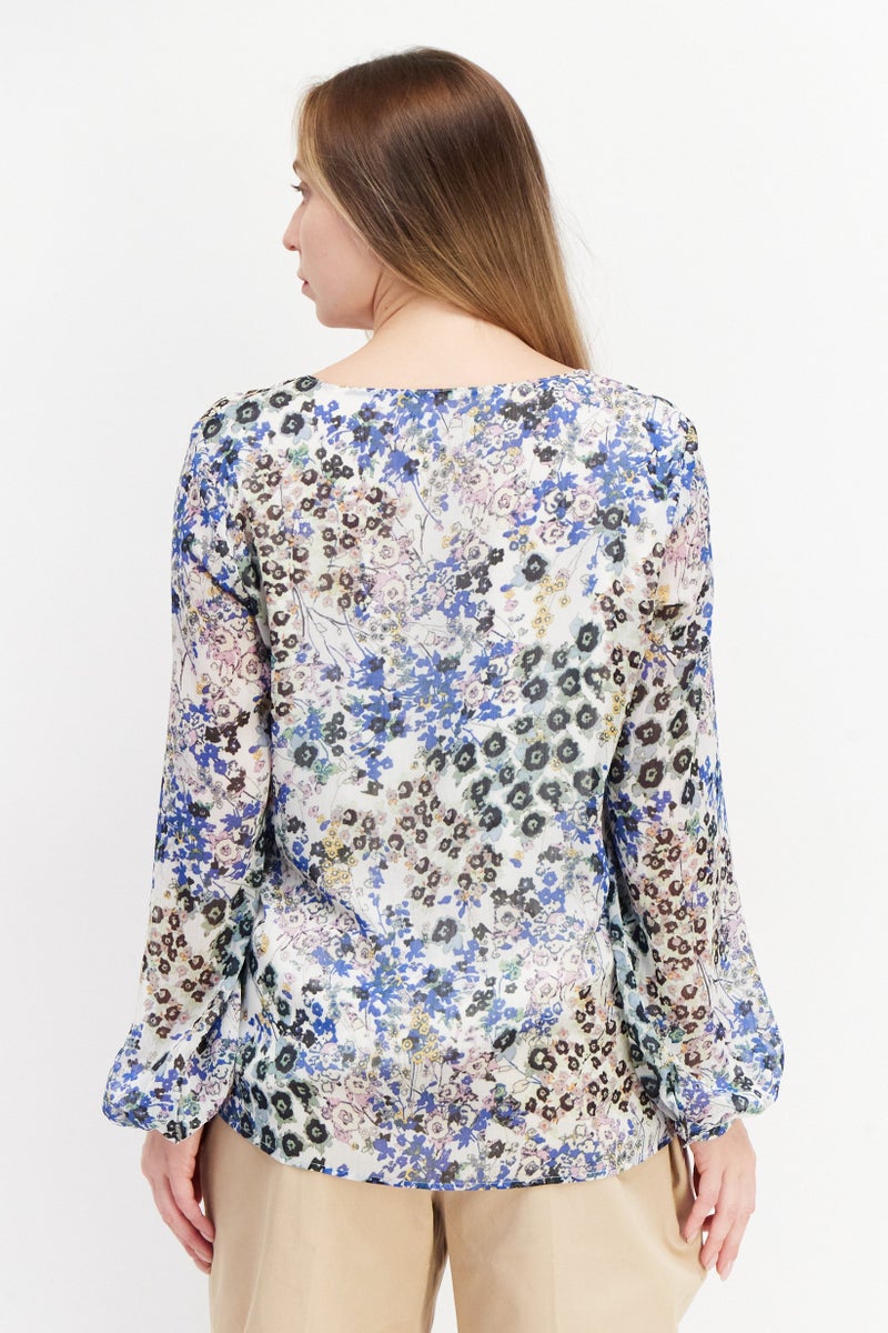 ESPRIT Women V Neck Allover Print Long Sleeve Blouse, White Combo - Image 2