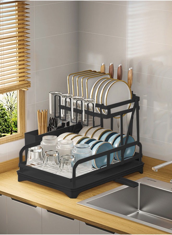 Occuwzz - Kitchen Countertop Dish 2 Tier Drying Rack Removable Large Capacity Dish Drainer with Cutlery Rack Drain Board Black Dish Rack - Image 1