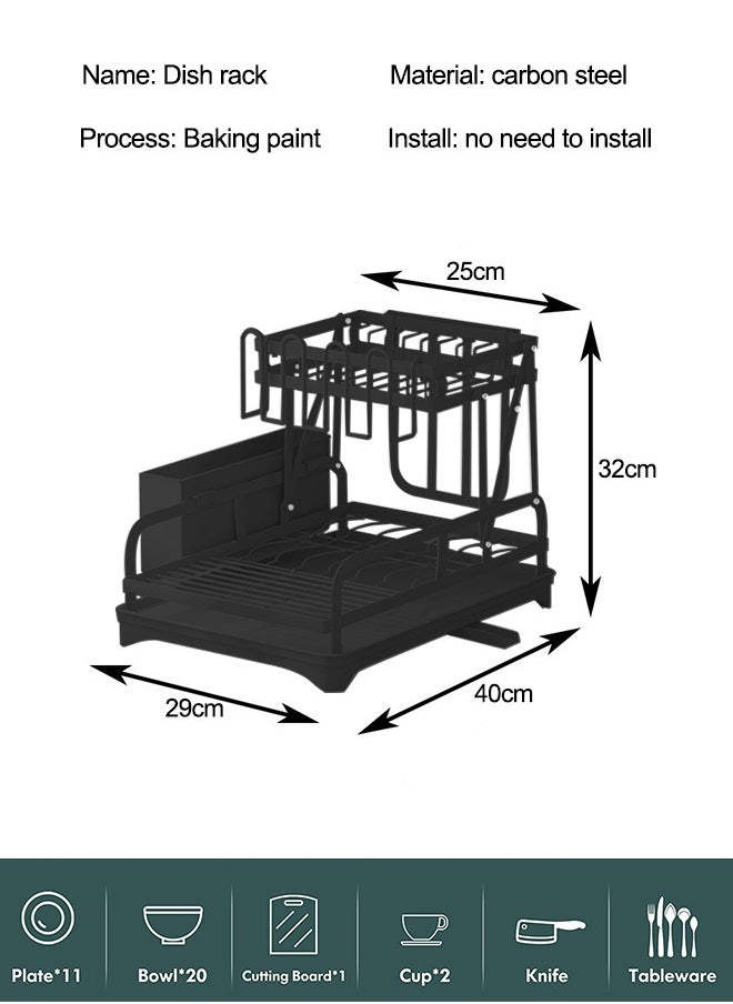Occuwzz - Kitchen Countertop Dish 2 Tier Drying Rack Removable Large Capacity Dish Drainer with Cutlery Rack Drain Board Black Dish Rack - Image 1