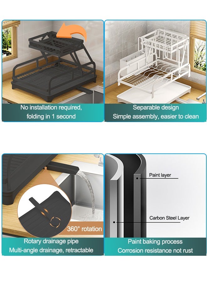 Occuwzz - Kitchen Countertop Dish 2 Tier Drying Rack Removable Large Capacity Dish Drainer with Cutlery Rack Drain Board Black Dish Rack - Image 1