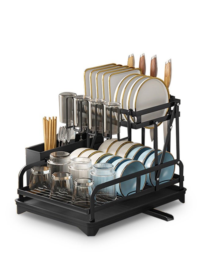 Occuwzz - Kitchen Countertop Dish 2 Tier Drying Rack Removable Large Capacity Dish Drainer with Cutlery Rack Drain Board Black Dish Rack - Image 1