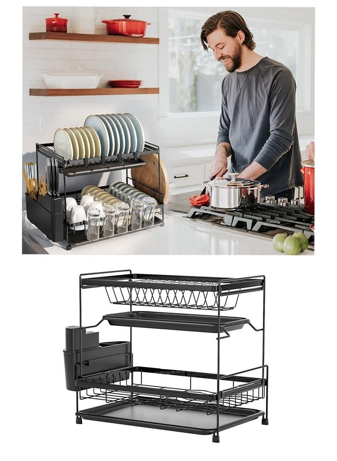 Occuwzz - Kitchen Countertop Dish 2 Tier Drying Rack Removable Large Capacity Dish Drainer with Cutlery Rack Drain Board Black Dish Rack - Image 1