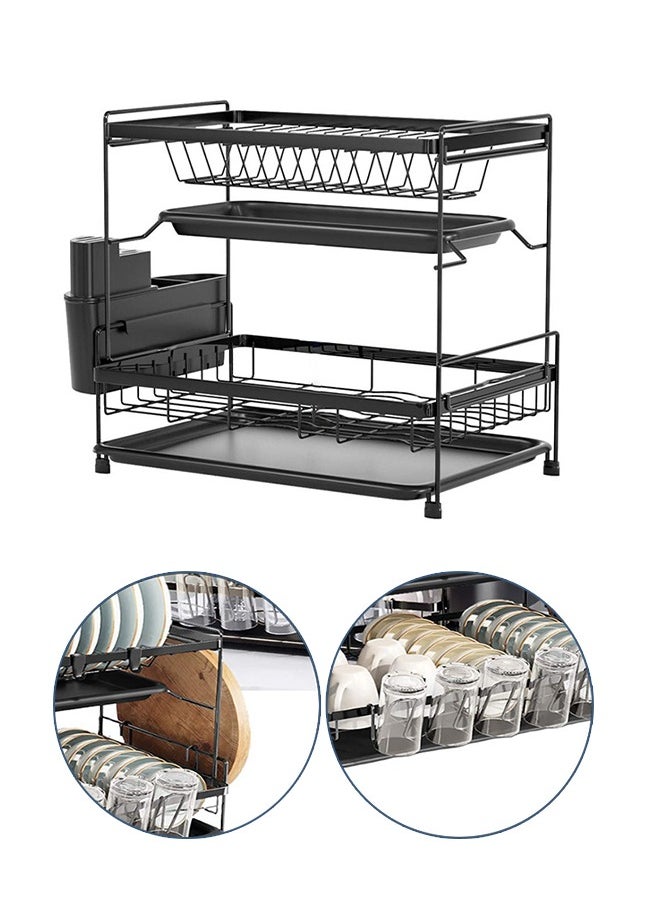 Occuwzz - Kitchen Countertop Dish 2 Tier Drying Rack Removable Large Capacity Dish Drainer with Cutlery Rack Drain Board Black Dish Rack - Image 1