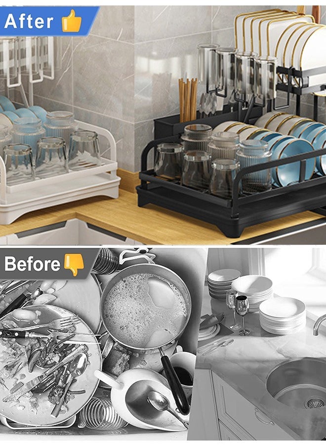 Occuwzz - Kitchen Countertop Dish 2 Tier Drying Rack Removable Large Capacity Dish Drainer with Cutlery Rack Drain Board Black Dish Rack - Image 1