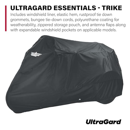 UltraGard Motorcycle Trike Cover - Weather-Resistant with Elastic Hem, Rustproof Grommets, Storage Bag, Windshield Liner, Antenna Flaps & Expandable Windshield Pockets - Image 2