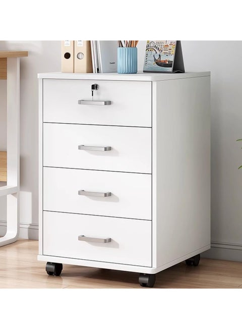 Movable Filing Cabinet with 4 Drawer Lockable Office Cabinet with Wheels in White Industrial Wood