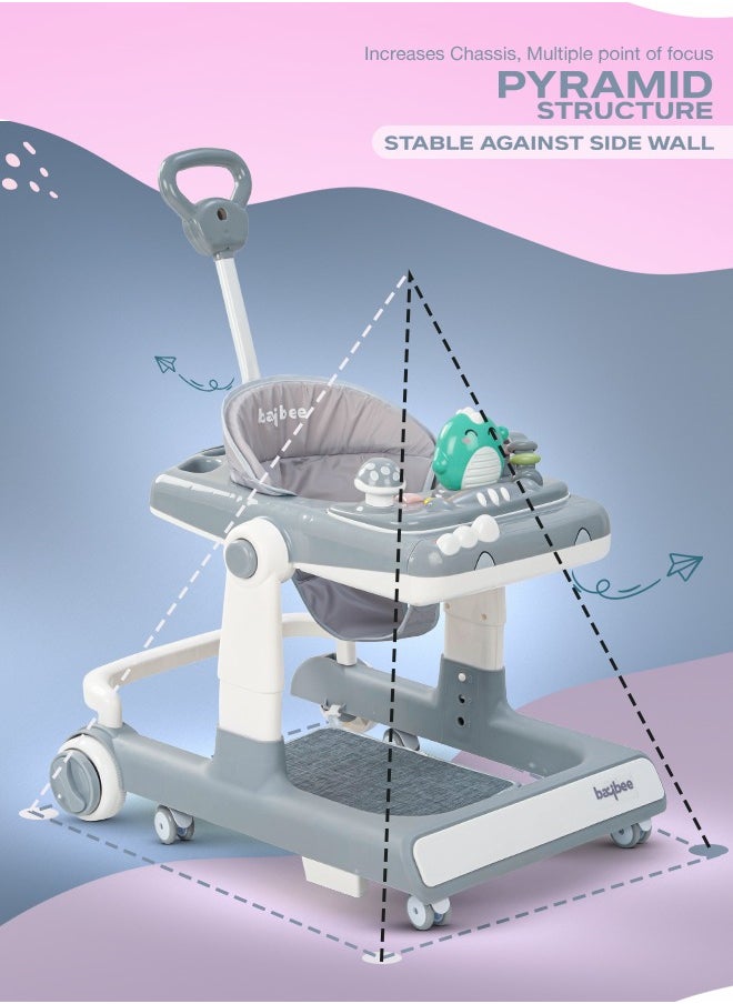 BAYBEE - 3 In 1 Flix  Baby Walker Activity Walker With Parental Push Handle And 3 Height Adjustable, Tray And Musical Toy Bar, 6 - 18 Months, Boy/Girl, Grey - Image 1