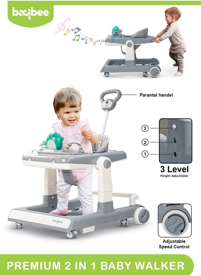 BAYBEE 3 In 1 Flix  Baby Walker Activity Walker With Parental Push Handle And 3 Height Adjustable, Tray And Musical Toy Bar, 6 - 18 Months, Boy/Girl, Grey  - Image 1
