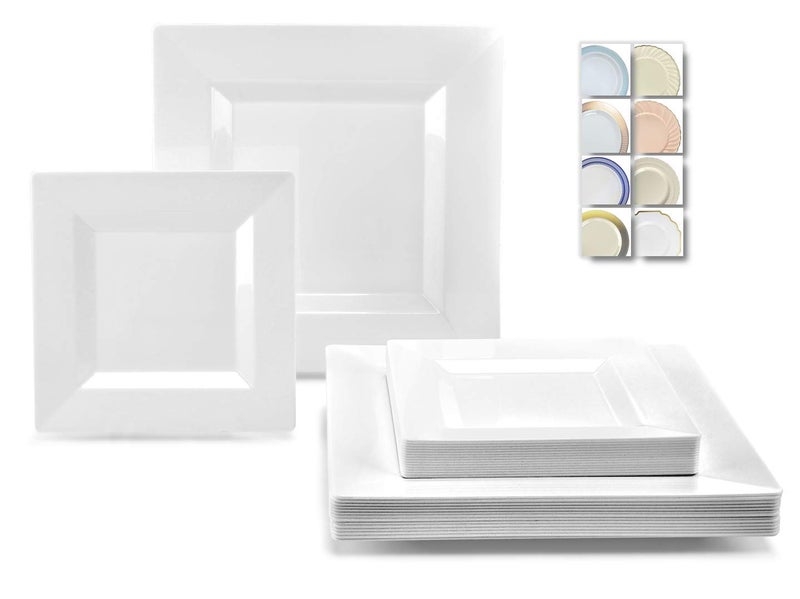 OCCASIONS FINEST PLASTIC TABLEWARE OCCASIONS  240 Plates Pack120 Guests Wedding Party Square Disposable Plastic Plates Set 120 x 95 Dinner  120 x 65 Dessert Square White 