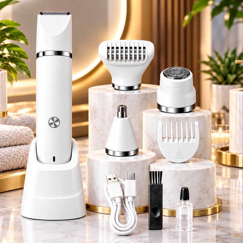 Bosidin 4-in-1 Electric Ladies Shaver & Bikini Trimmer – Painless Waterproof Cordless Hair Removal Set with Interchangeable Cutter Heads and Charging Stand (White) - Image 1