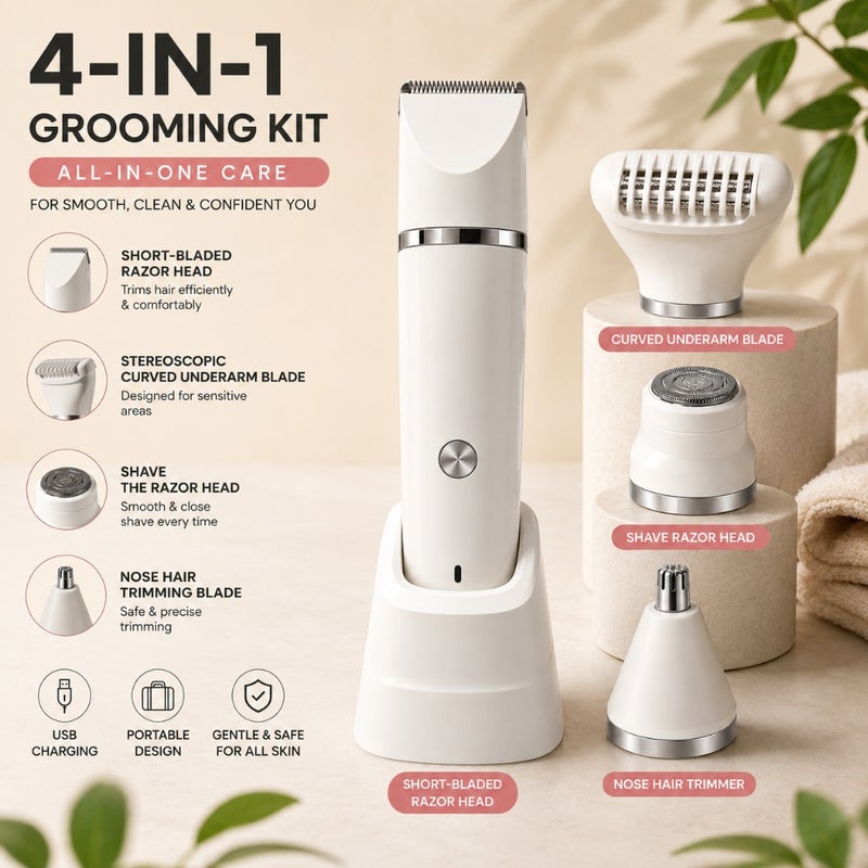 Bosidin 4-in-1 Electric Ladies Shaver & Bikini Trimmer – Painless Waterproof Cordless Hair Removal Set with Interchangeable Cutter Heads and Charging Stand (White) - Image 2