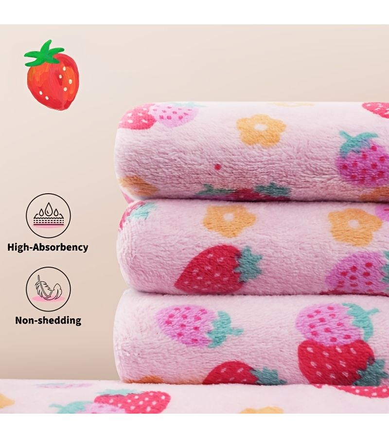 4 Coral Fleece Strawberry Print Cleaning Cloths Set Soft Absorbent Stain Removal 30x30cm - Image 5