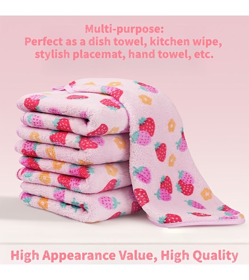 4 Coral Fleece Strawberry Print Cleaning Cloths Set Soft Absorbent Stain Removal 30x30cm - Image 2