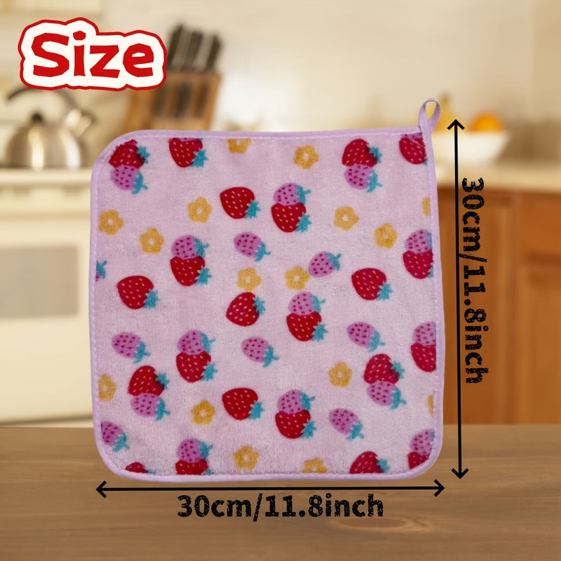 4 Coral Fleece Strawberry Print Cleaning Cloths Set Soft Absorbent Stain Removal 30x30cm - Image 3