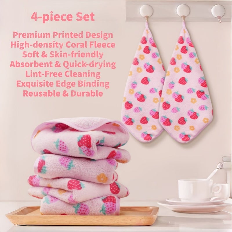 4 Coral Fleece Strawberry Print Cleaning Cloths Set Soft Absorbent Stain Removal 30x30cm - Image 1