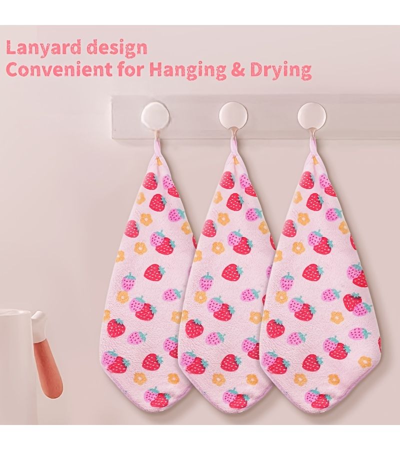 4 Coral Fleece Strawberry Print Cleaning Cloths Set Soft Absorbent Stain Removal 30x30cm - Image 4