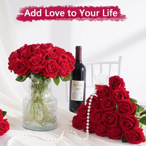 BLEUM CADE 50 Pcs Red Roses Artificial Flowers, Real Touch Velvet Roses Fake Flowers Bulk, Artificial Roses Bouquet with Long Stems Bridal DIY Wedding Party Centerpiece Decorations - Image 4