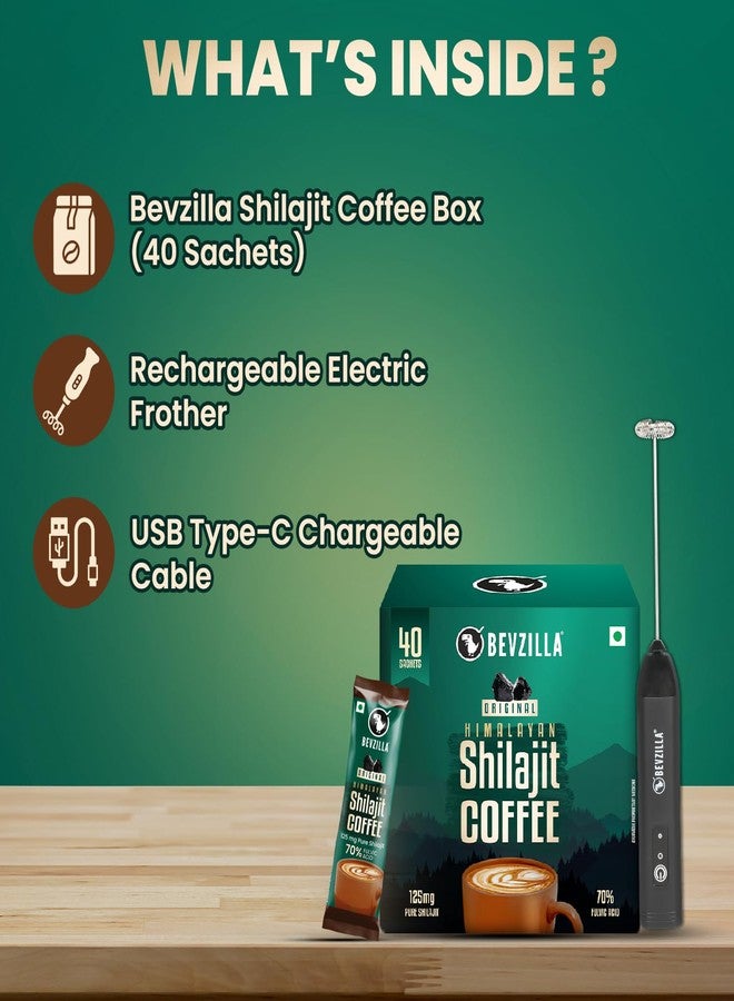 Bevzilla Himalayan Shilajit Coffee With Rechargeable Frother | 70% Fluvic Acid | 40 Sachets | 40x 2.5g (100g) | 3 Adjustable Mode Frother - Image 2