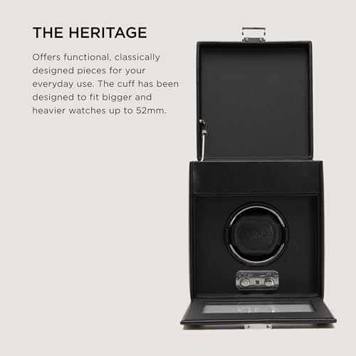 Wolf Designs Wolf Heritage Single Winder with Storage, Black - Secure Fit with Patented Lock-in Dynamic Cuff - for Bigger, Heavier Watches - Vegan Leather & Glass Cover - Includes Universal Adapter - Image 2