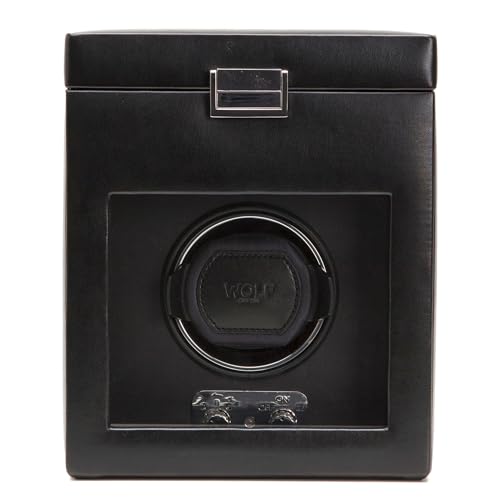 Wolf Designs Wolf Heritage Single Winder with Storage, Black - Secure Fit with Patented Lock-in Dynamic Cuff - for Bigger, Heavier Watches - Vegan Leather & Glass Cover - Includes Universal Adapter - Image 1